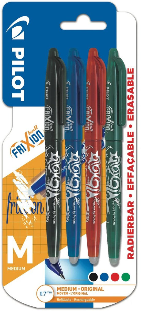 Pilot Ball Kugelschreiber Frixion Farbsortiment, mittlere Spitze, 0,7 mm, Blister mit 4 Stück