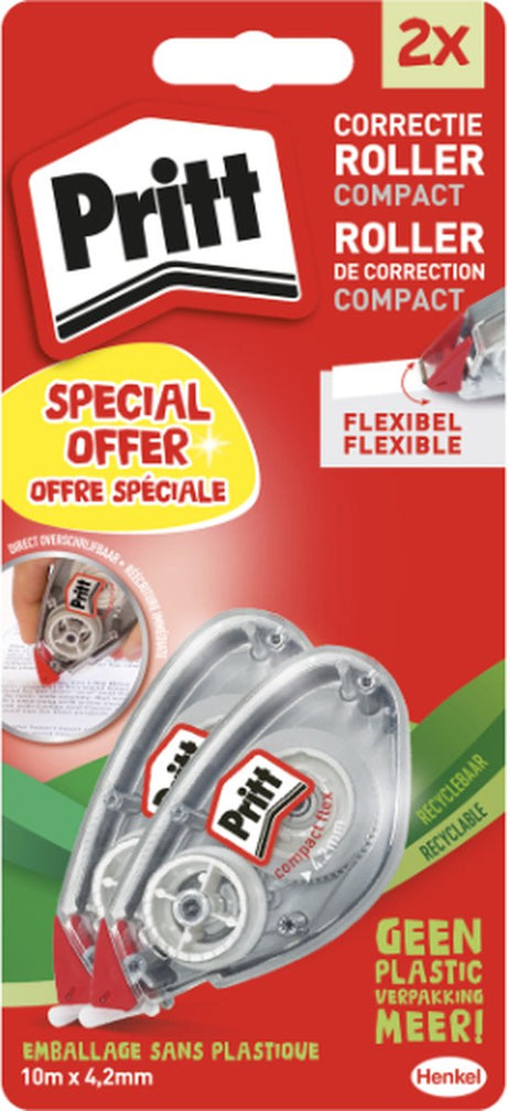 Pritt Compact Roller Flex 2e 1 2 Preis | 4,2 mm x 10 m Blisterkarte | Korrekturroller für Büro und Schule.