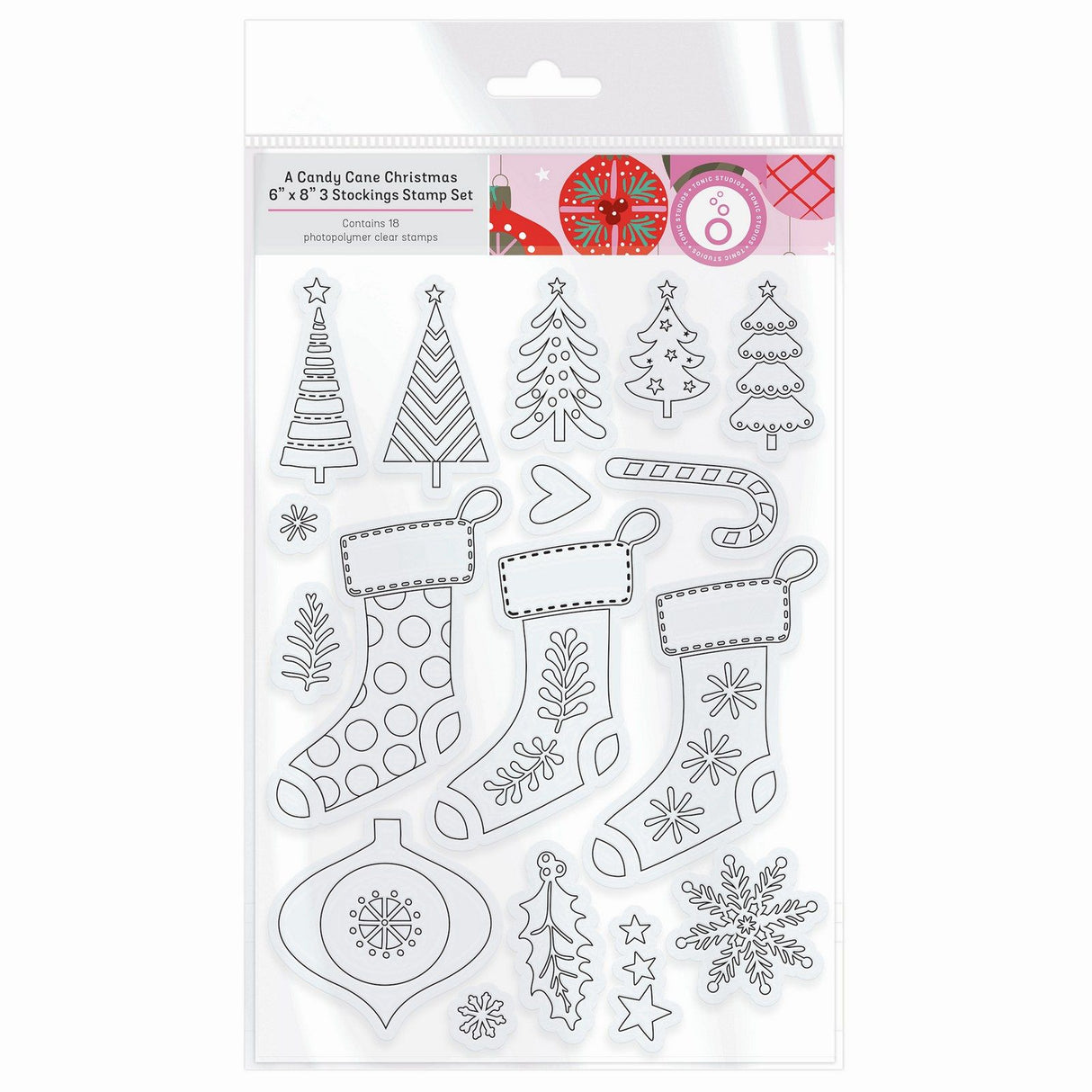 Tonic Studios • Ein Zuckerstangen-Weihnachtsstempelset, 3 Strümpfe, 18-tlg