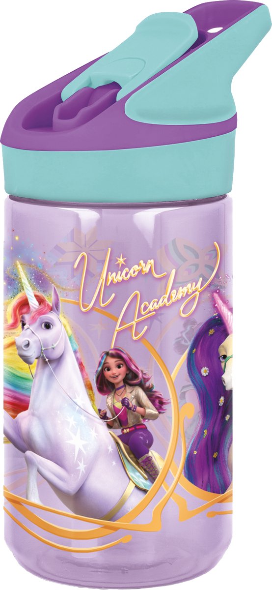 Stor Unicorn Academy Tritan Premium Trinkflasche – 480 ml – gut schließend – Trinkflasche für Kinder – Lila Türkis
