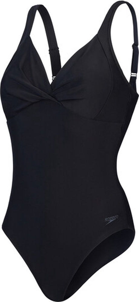 Speedo shaping cross knot 1 piece dames sportbadpak - corrigerend badpak dames - zwempak dames met uitneembare cups - sportbadpak dames met hartvormige halslijn en verstelbare bandjes - zwart - 50