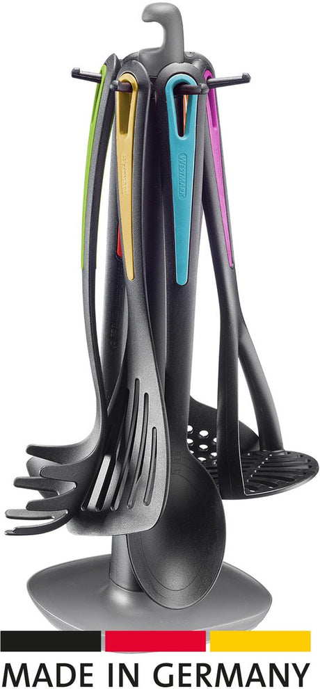 Westmark Küchengeschirr – rotierender Standard-Galant mit Kartoffelstampfer, Gemüselöffel, Spaghettilöffel, Suppenlöffel, Schaumlöffel und Pfannenwender – mehrfarbig, 7-teiliges Set