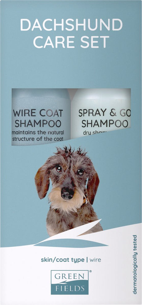 Greenfields vacht verzorgingsset voor teckel dachshund - voor gezonde en zachte vacht - wire coat shampoo en spray go droogshampoo 250ml