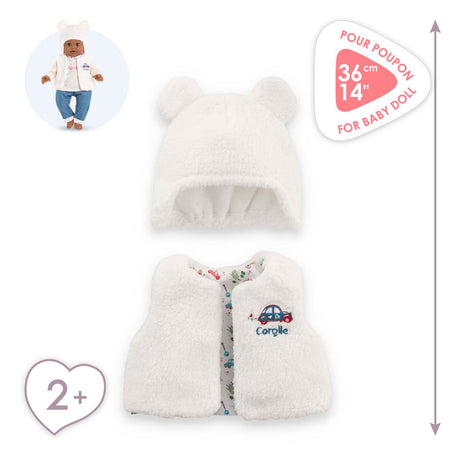 Corolle Winterset Babypuppe 36cm - Puppenkleidung aus weißem Polyester.