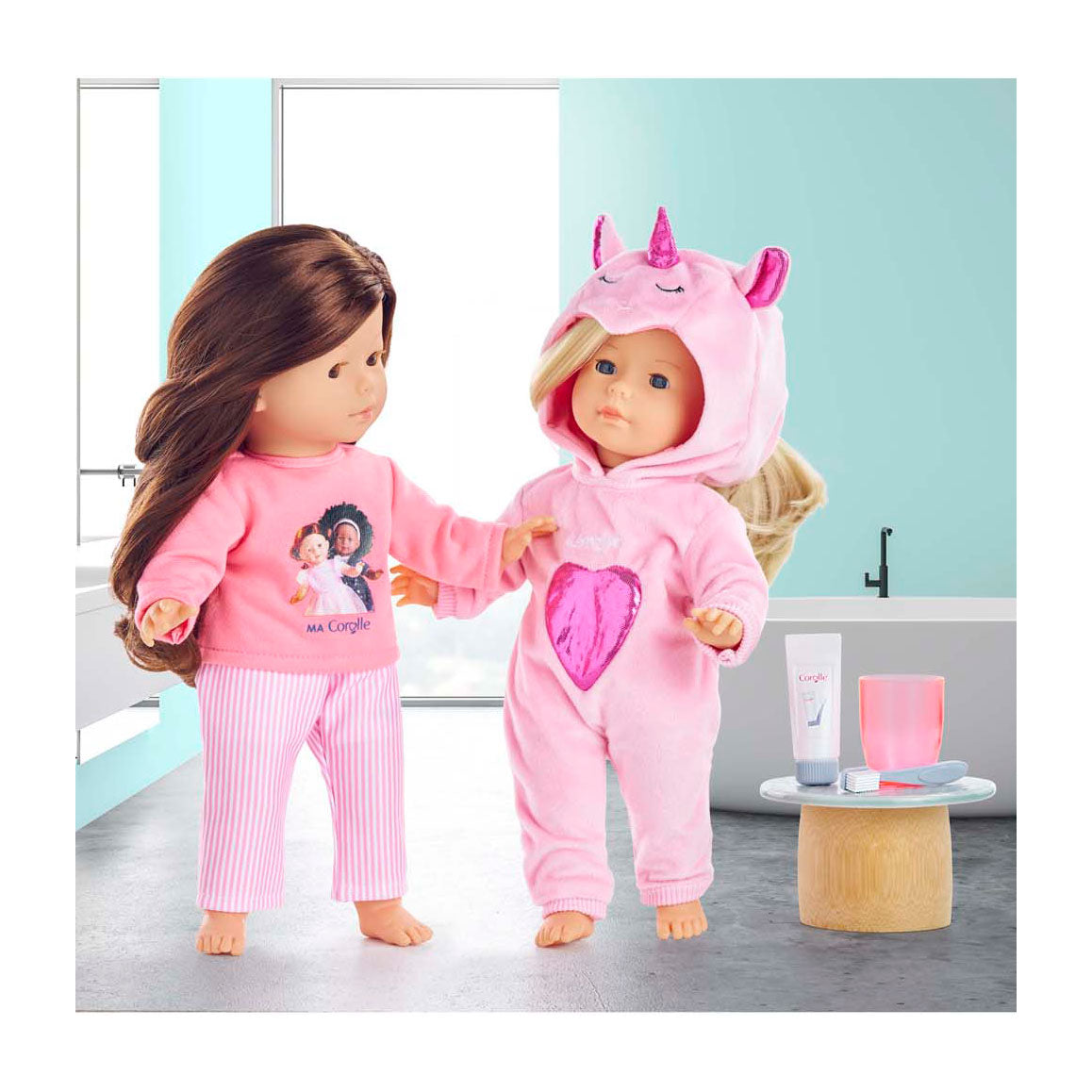 Corolle rosa Einhorn-Pyjama für Puppen von 36 cm, 2 Stück.