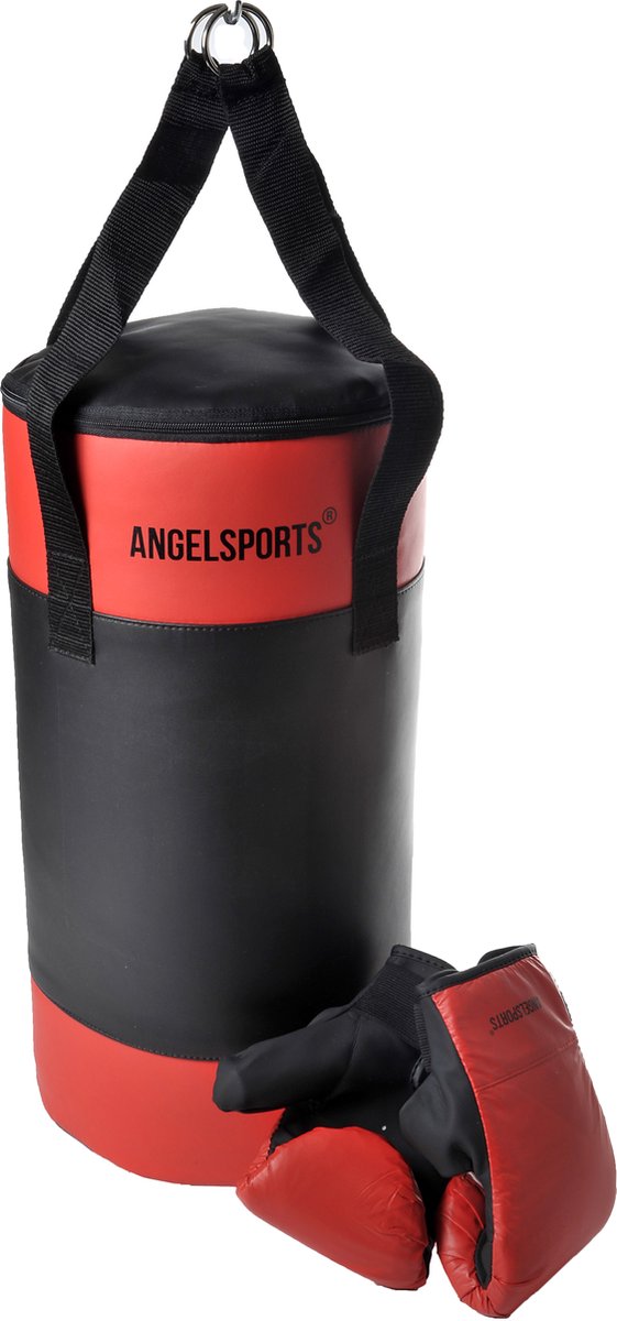 Longfield Boxsack mit Handschuhen PVC-Leder rot schwarz – Kinder-Boxsack 50 cm – 7,2 kg – inklusive Boxhandschuhe-Tragetasche – Trainingsset für Kinder – Engelsherz