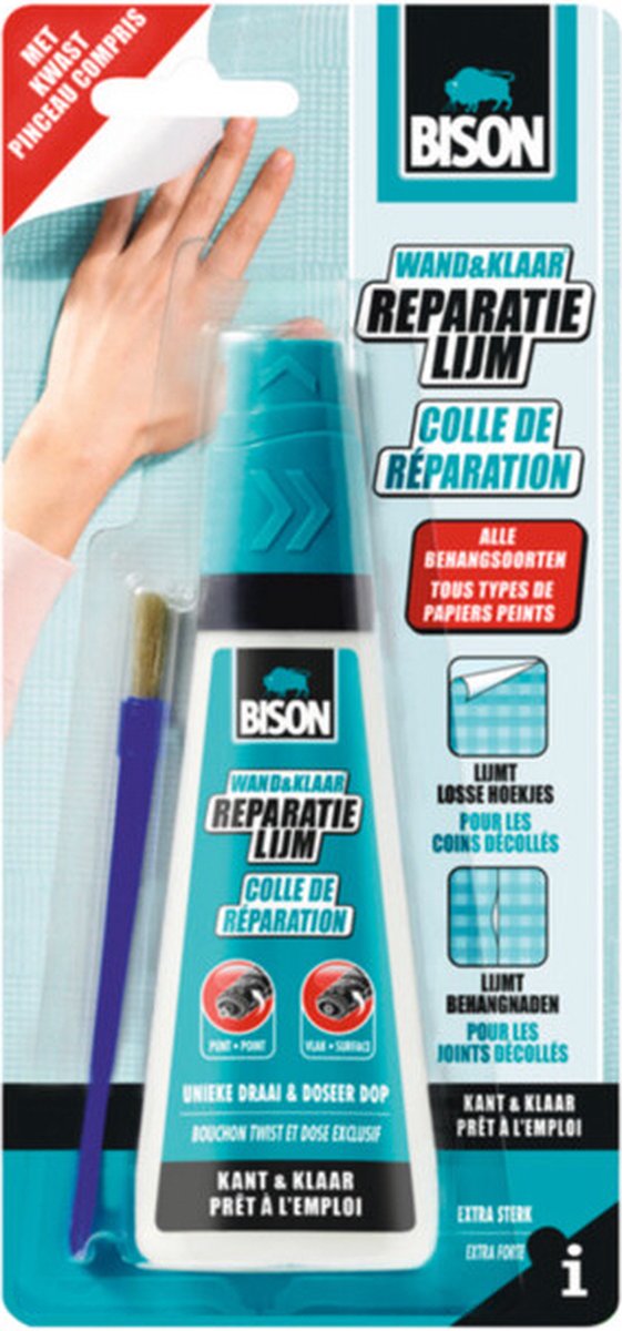 Bison Wall Ready® Tapeten-Reparaturkleber 90 ml inkl. Leimpinsel, gebrauchsfertig, extra stark, lose Ecken und Nähte, für alle Arten von Tapeten geeignet