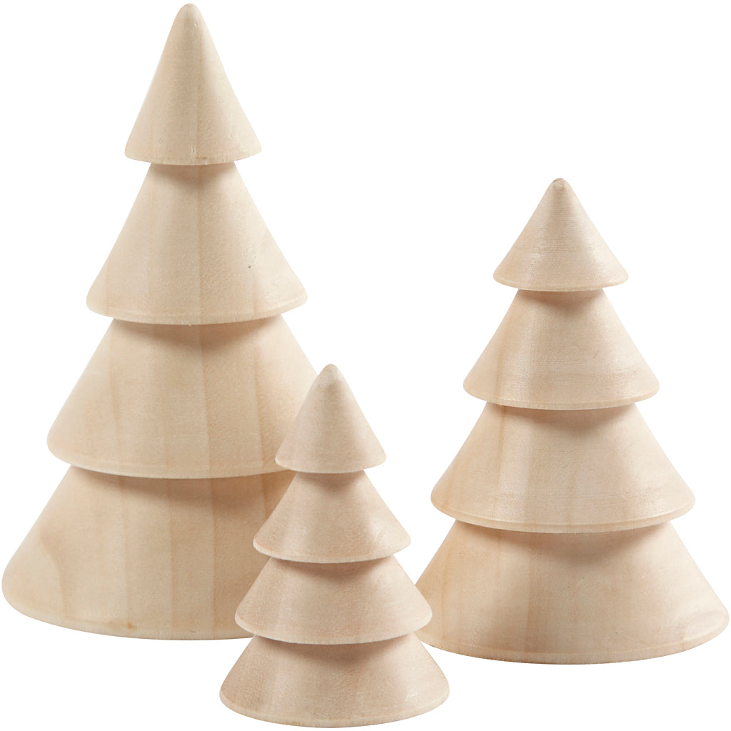 Creativ Company Weihnachtsbäume aus Holz, H: 5+7,5+10 cm, T 3,5+5,4+6,7 cm, 3 Stück 1 Karton