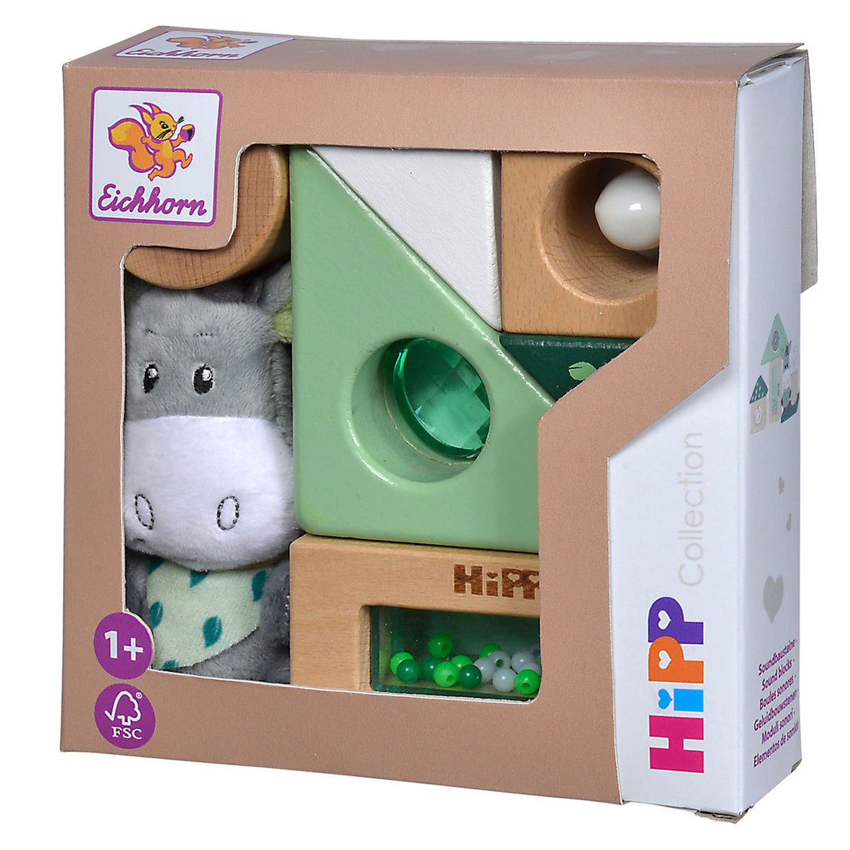 Eichhorn Baby Hipp Klangbausteine aus Holz mit Kuscheltier Esel