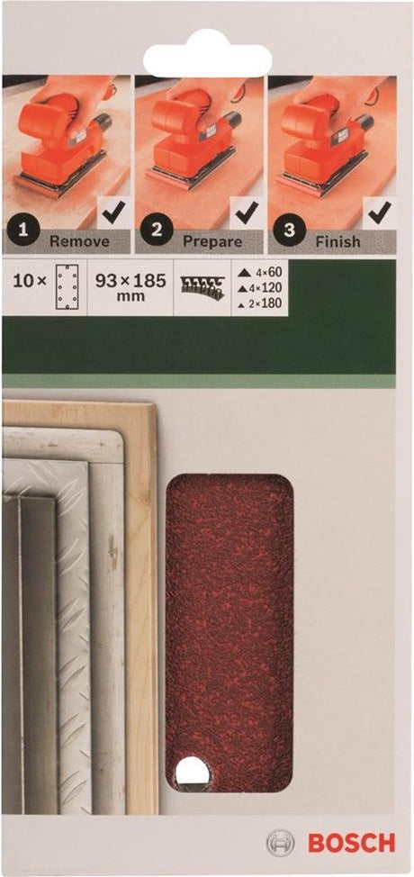 Bosch 10-teiliges Schleifblatt-Set für Exzenterschleifer 93 x 185 mm – Körnung 60; 120; 180