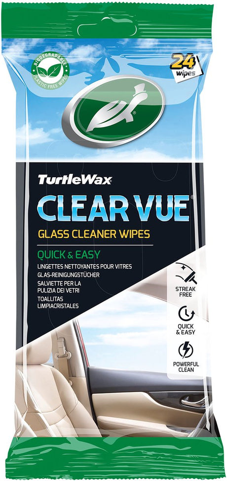 Turtle Wax Clear Vue Glasreinigungstücher – hervorragende Reinigung – für Glas- und Spiegeloberflächen – innerhalb und außerhalb des Autos – in wiederverschließbarer Verpackung – 24 Tücher
