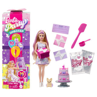 Barbie packt Partytier-Geburtstagspuppe aus – Puppe mit violetten Akzenten
