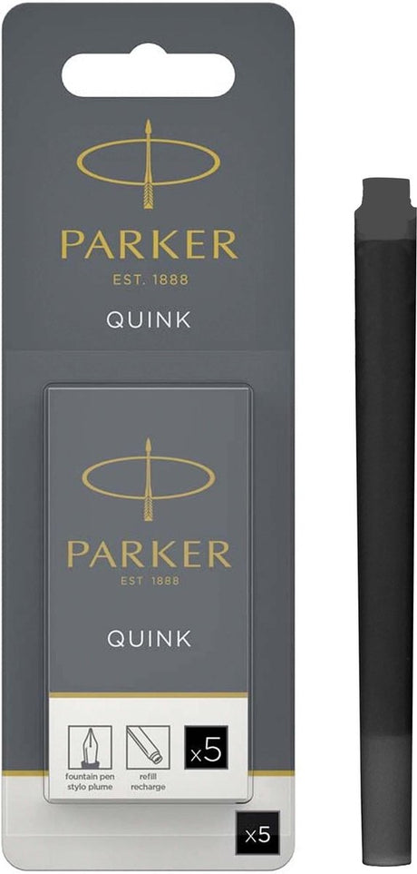 Parker lange Füllfederhalter-Tintenpatronen | schwarze Quink-Tinte | 5 Füllfederhalterpatronen (Blister)