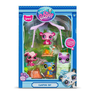 Bandai Littlest Pet Shop – Camping-Set mit 3 Tieren und Zubehör – Littlest Pet Shop LPs Panda Eichhörnchen Tukan – Mini-Spielzeugset mit süßen Tierfiguren – Spielzeug für Kinder ab 4 Jahren – BF00574