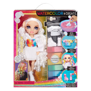 Regenbogenhohes Aquarell kreiert eine Modepuppe – lila Augen
