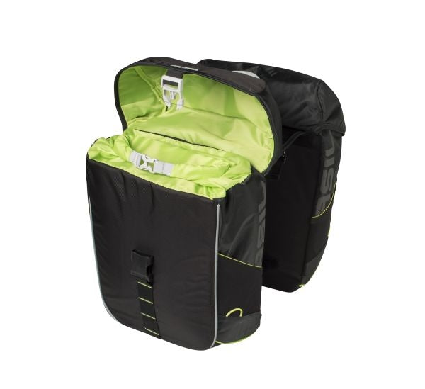 Basil Miles Double Bag - Vandtæt dobbelt cykelpose, Unisex, Sporty, Zwart -Limoen