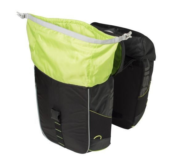 Basil Miles Double Bag - Vandtæt dobbelt cykelpose, Unisex, Sporty, Zwart -Limoen