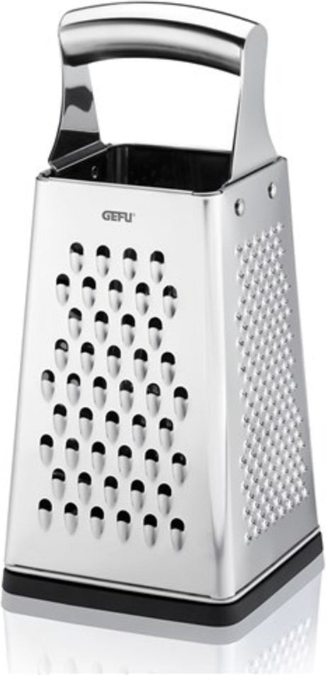 Gefu Grato Blockreibe 24,5 cm – 4-in-1 – Edelstahl – inklusive Auffangschale und rutschfestem Deckel