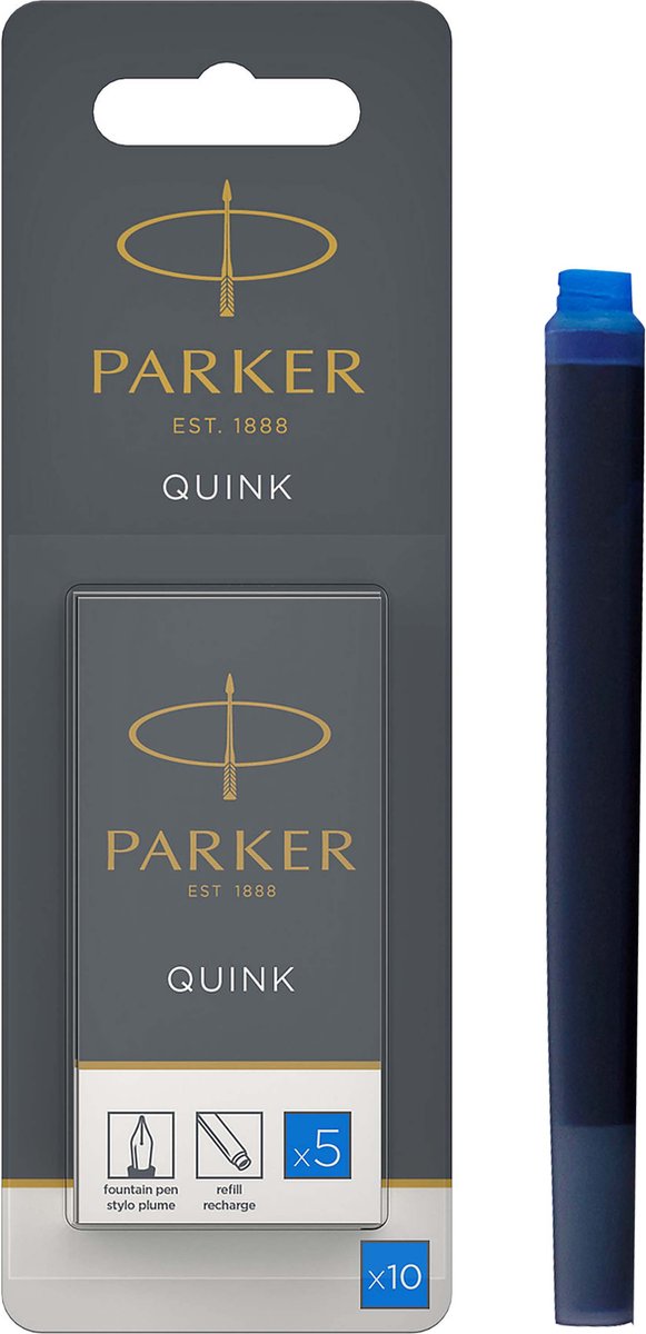 Lange Füllfederhalter-Tintenpatronen von Parker – blaue Quink-Tinte – waschbar – 10 Stück