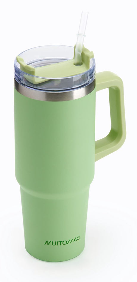 Muitomas Reisebecher – Reisebecher – doppelt isolierte Wand – praktischer Strohhalmgriff – 900 ml – grün