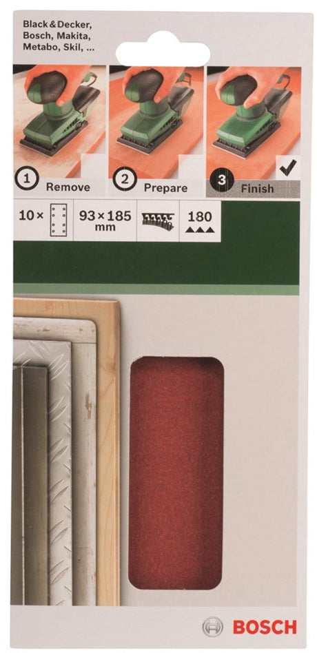 Bosch 10-teiliges Schleifblatt-Set für Exzenterschleifer 93 x 185 mm – Körnung 180