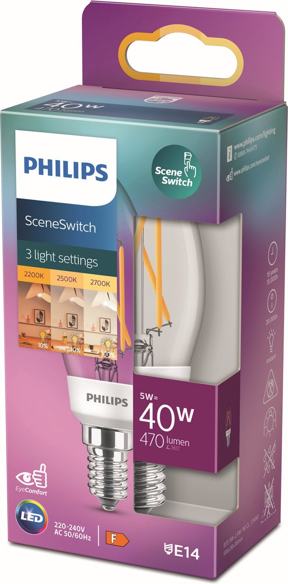 Philips led kaars sceneswitch transparant - 40 w - e14 - warmwit licht
