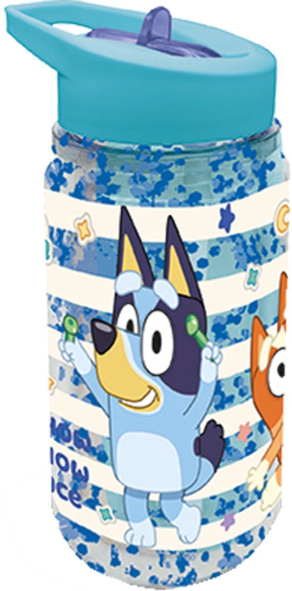 Stor bluey Tritan-Trinkflasche – 330 ml – mit Glitzereffekt – spülmaschinenfest, BPA-frei – Trinkflasche mit Strohhalm für Kinder – transparentes Blau