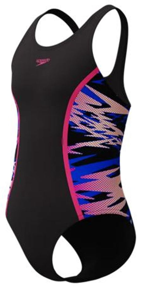 Speedo Hyperboom Splice Muscleback Mädchen Sport-Badeanzug – lichtbeständiger Badeanzug für Mädchen – chlorbeständiger Badeanzug für Mädchen – Sport-Badeanzug für Mädchen mit Muscleback-Rücken – Schwarz Rosa – 140