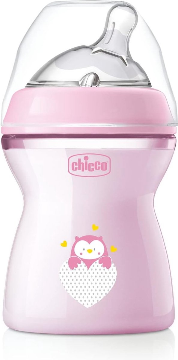 Chicco Natural Feeling Babyflasche für 2 Monate + 250 ml, Flasche mit Saugnapf aus weichem und flexiblem Silikon, geeignet für gemischtes Stillen, mitteldichter Durchfluss, rosa 2+ m