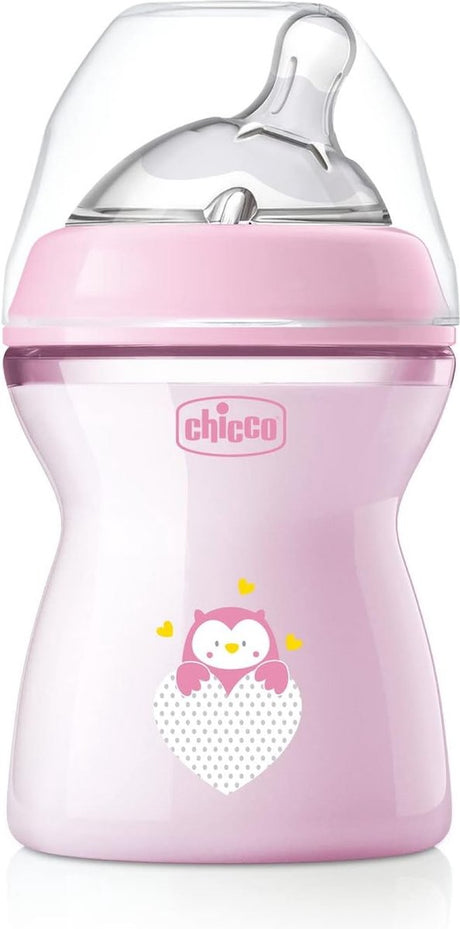 Chicco Natural Feeling Babyflasche für 2 Monate + 250 ml, Flasche mit Saugnapf aus weichem und flexiblem Silikon, geeignet für gemischtes Stillen, mitteldichter Durchfluss, rosa 2+ m