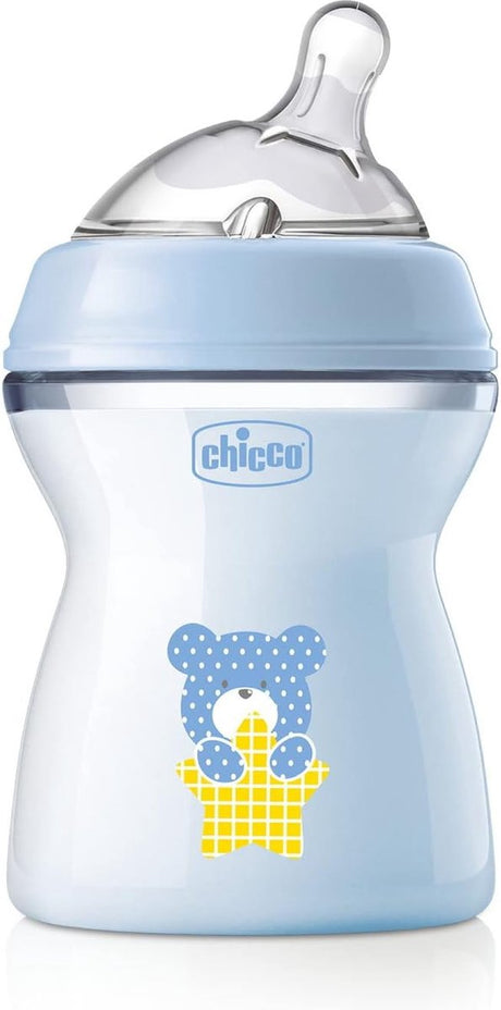 Chicco Natural Feeling Antikolik-Babyflasche, 2 Monate + 250 ml, Flasche mit Saugnapf aus weichem und flexiblem Silikon, geeignet für gemischtes Stillen, mittlerer Durchfluss, Farbe Hellblau 2+ m