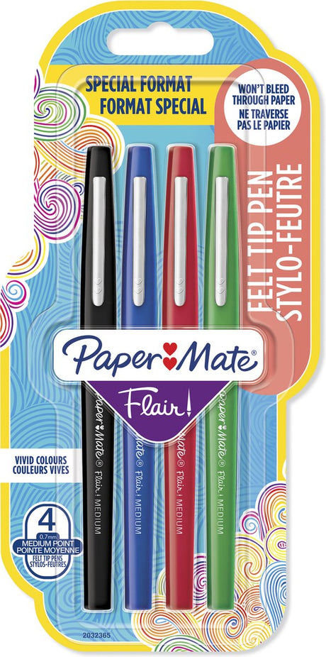 Paper mate flair-viltstiften | medium punt (0,7 mm) | zwarte, blauwe, rode en groene inkt | 4 stuks