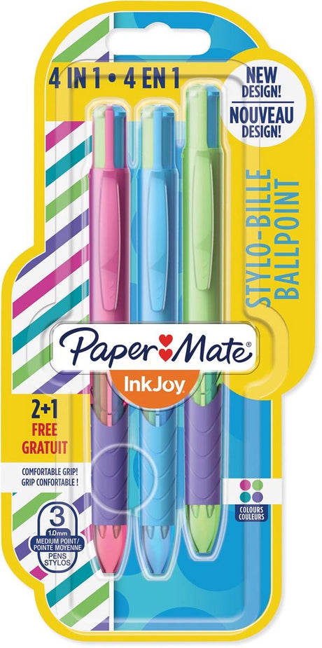Paper Mate Inkjoy Quatro Lebensfreude 4-Farben-Kugelschreiber | mittel | klassische Tintenfarben | Blister 2 + 1 gratis