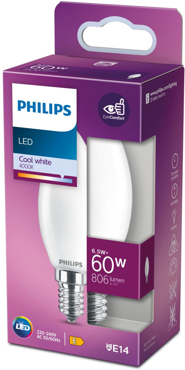 Philips led lamp - kaarslamp met e14 fitting - koelwit licht: 4000k - 60w - mat glas