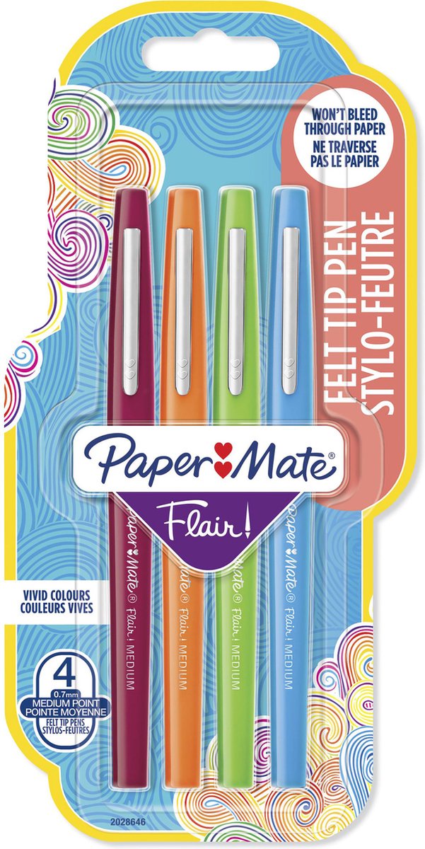 Paper Mate Flair Filzstifte | mittlere Spitze (0,7 mm) | verschiedene Farben | 4 Stück
