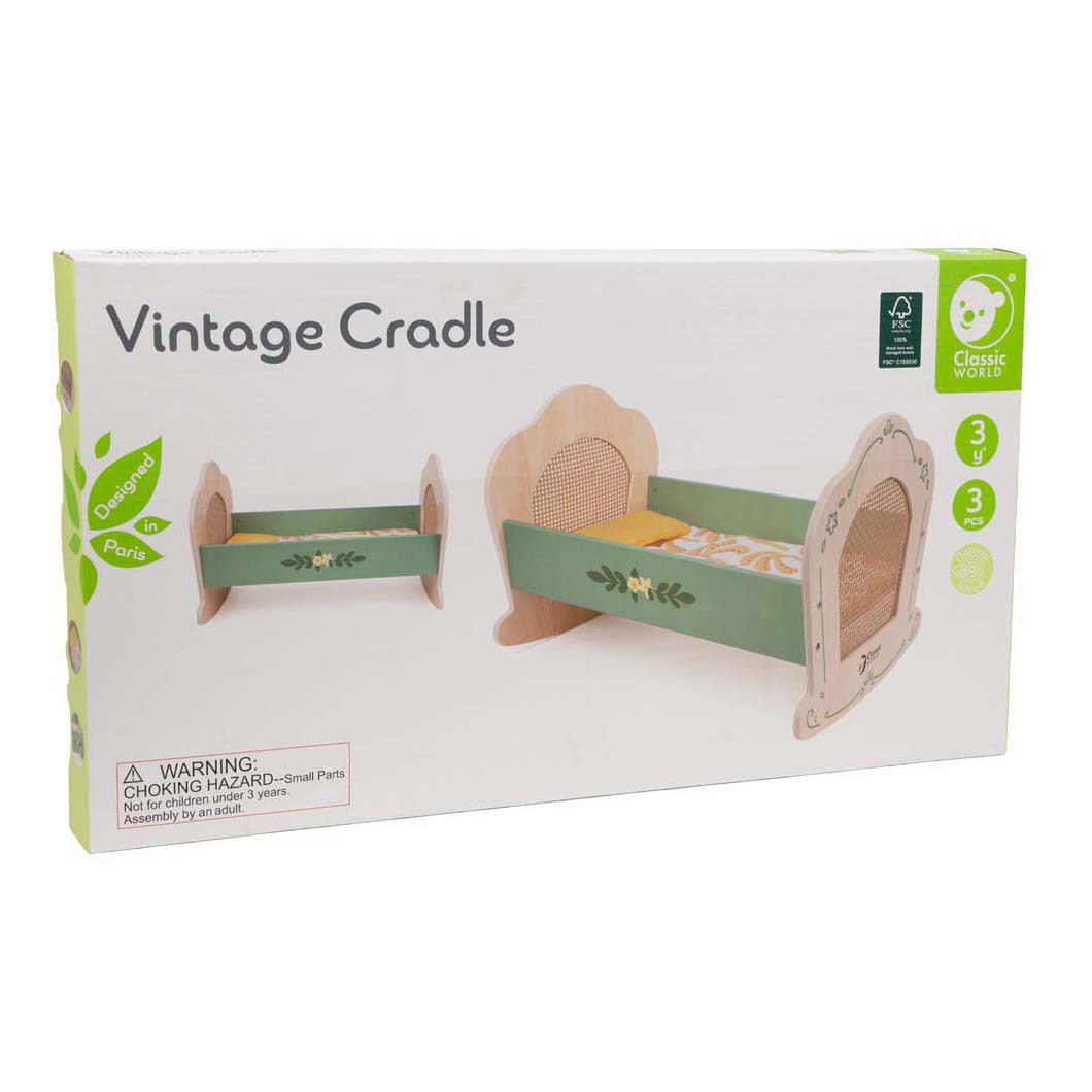 Classic world houten poppenwieg vintage bloemen fsc speelgoed.