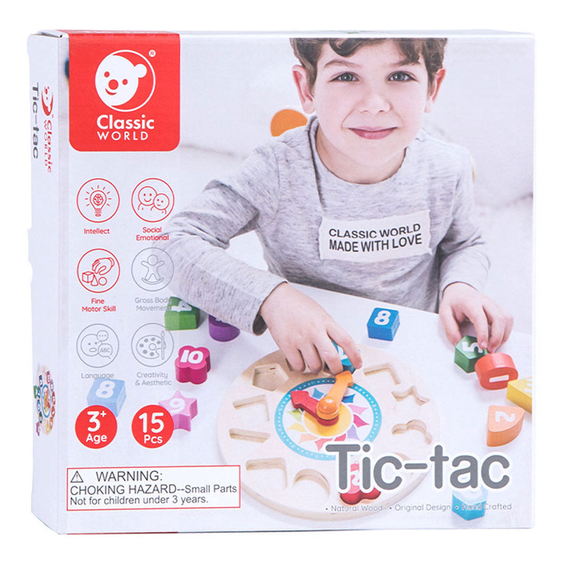 Klassische Welt-Lernuhr aus Holz mit Tic-Tac-Formen, 15-tlg.