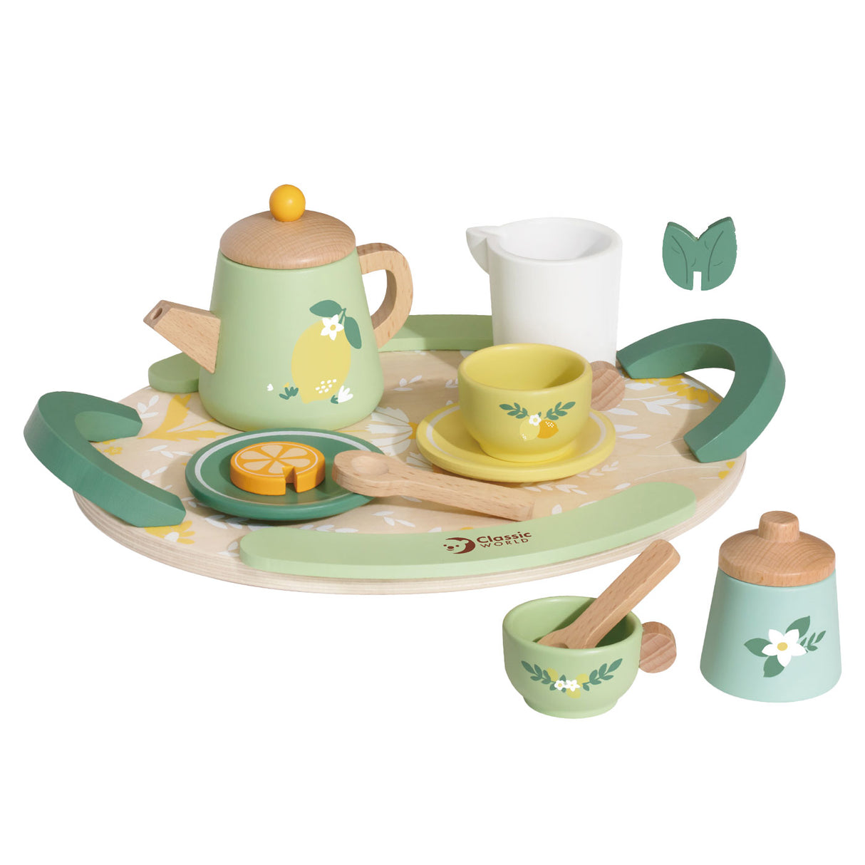 Classic World Vintage-Teeservice aus Holz mit Tablett, 14-teilig.