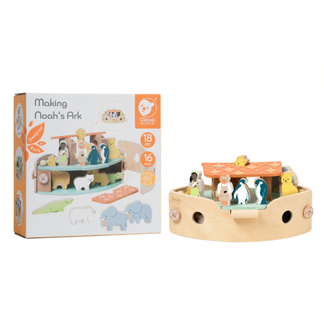 Classic World Bootsbauset „Arche Noah“ aus Holz mit Tieren, 16-teilig.