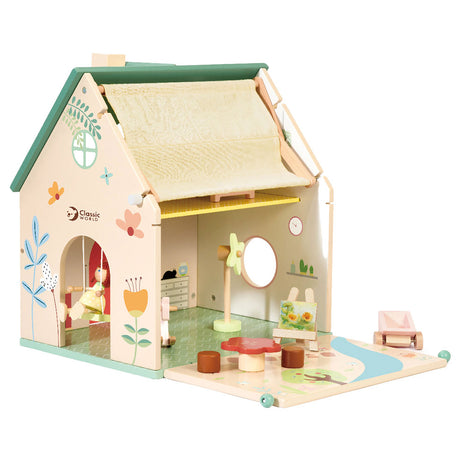 Klassisches Puppenhaus aus Holz – Puppenhaus mit Garten und Zubehör.