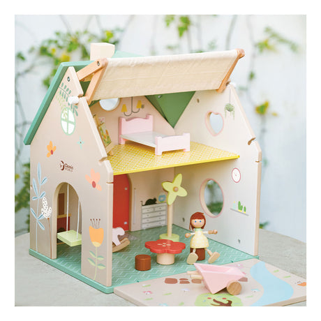 Klassisches Puppenhaus aus Holz – Puppenhaus mit Garten und Zubehör.