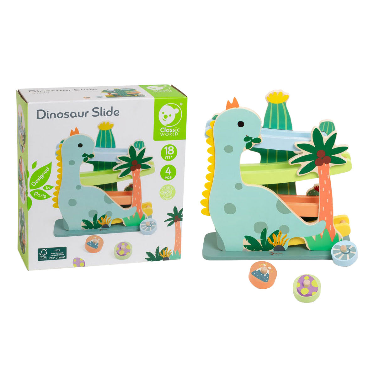 Classic World Holzkugelbahn Dinosaurier – Lernspielzeug 4-teilig.