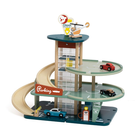 Classic World Vintage-Garagenspielzeug aus Holz mit Autos und Aufzug, 11-teilig.