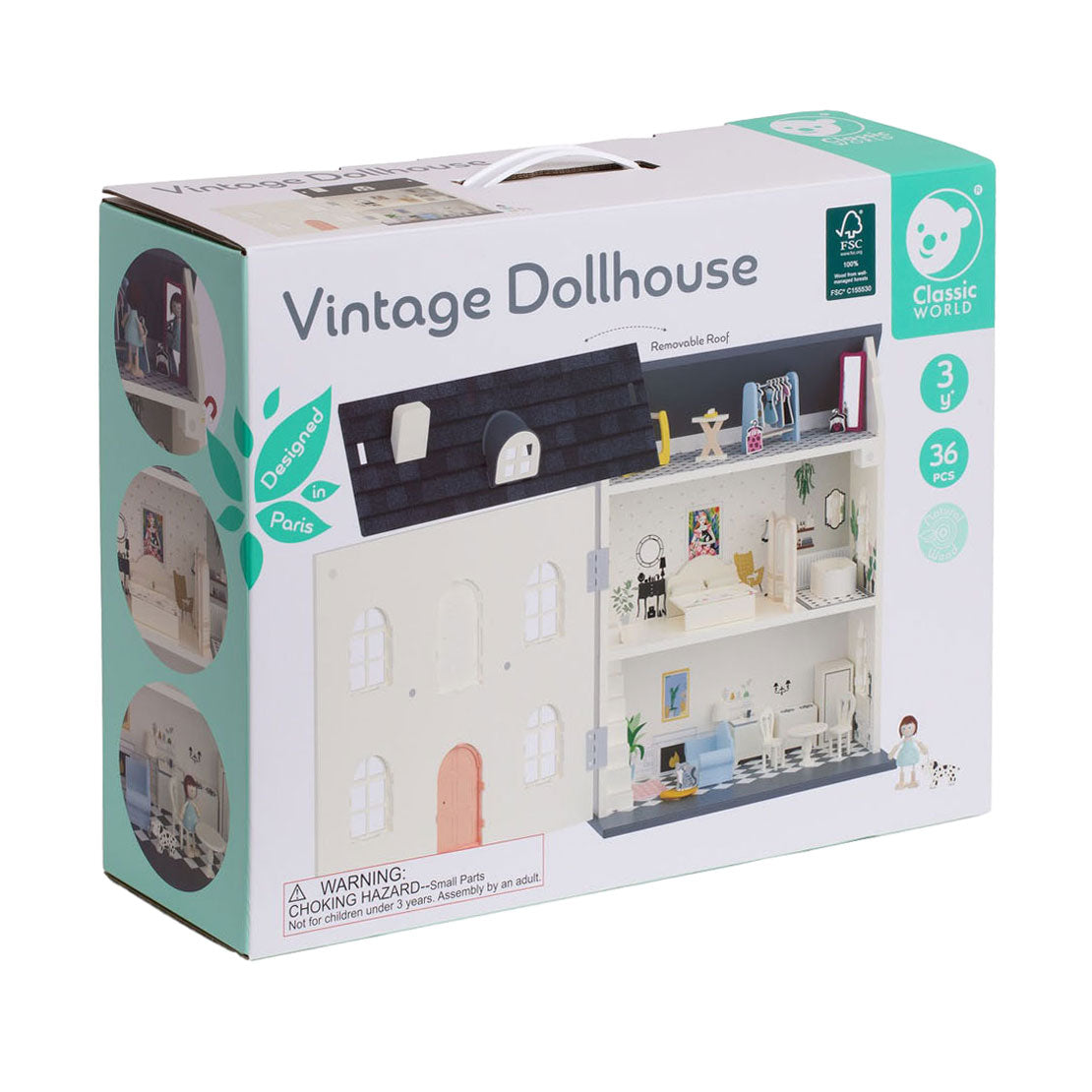 Classic World Vintage-Puppenhaus aus Holz, 36-teilig.