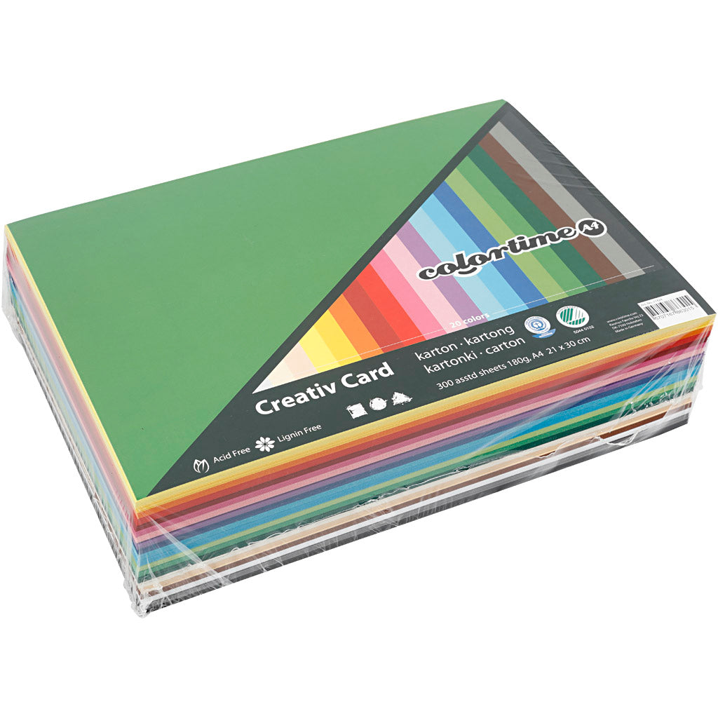 Farbiger Karton, A4, Blatt 210x297 mm, 180 g, verschiedene Farben, 300 verschiedene Blätter 1 Karton