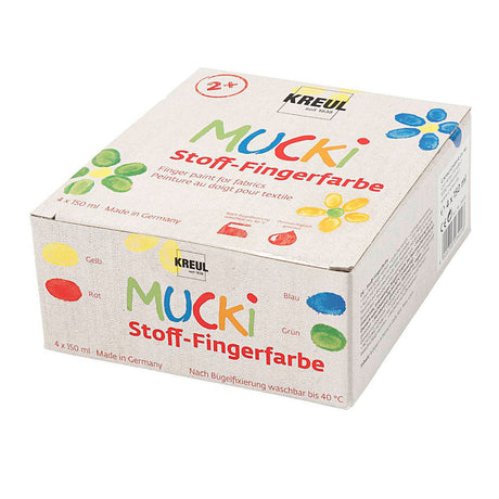 Mucki Textil-Fingerfarbe – 4 x 150 ml Fingerfarbe für Textilien – Farben Gelb, Rot, Blaugrün
