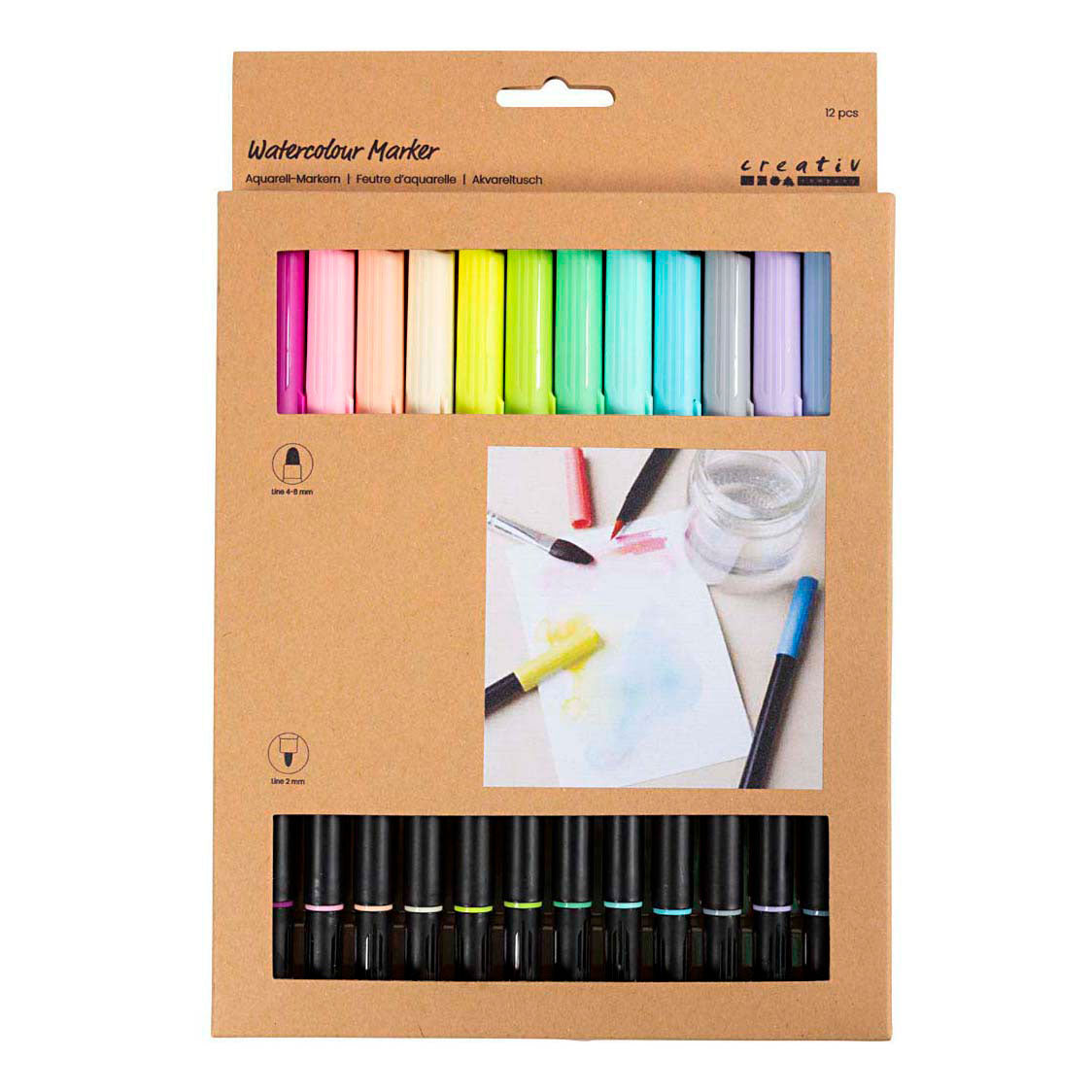 Creativ Company Aquarellmarker, Pastell, Strichstärke 2+4-8 mm, verschiedene Farben, 12 Stück 1 Box