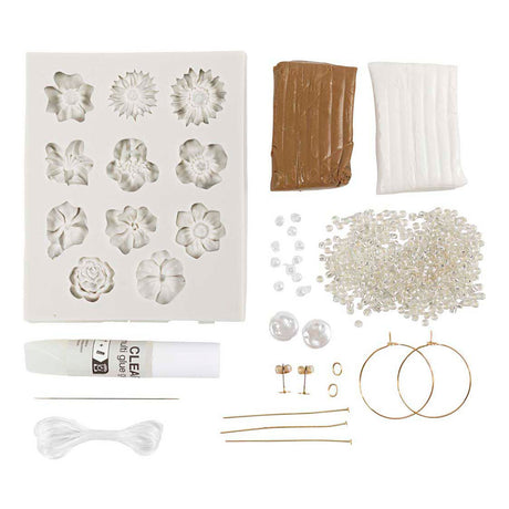 Creativ Company Mini-Hobby-Set Schmuck, Ohrringe, Armband und Halskette mit Blumendesign, Beige, Hellbeige, Beige, 1 Box