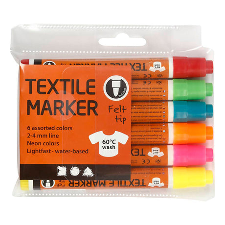 Textilmarker, Strichstärke 2-4 mm, Neonfarben, 6 Stück, 1 Box