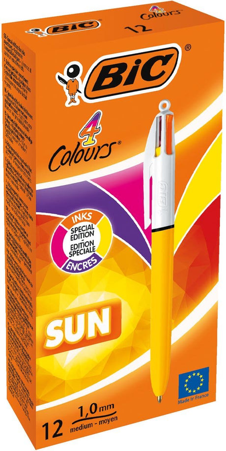 Bic 4 Colors Sun, Kugelschreiber, 0,32 mm, 4 modische Tintenfarben, Körpergelb, Box mit 12 Stück